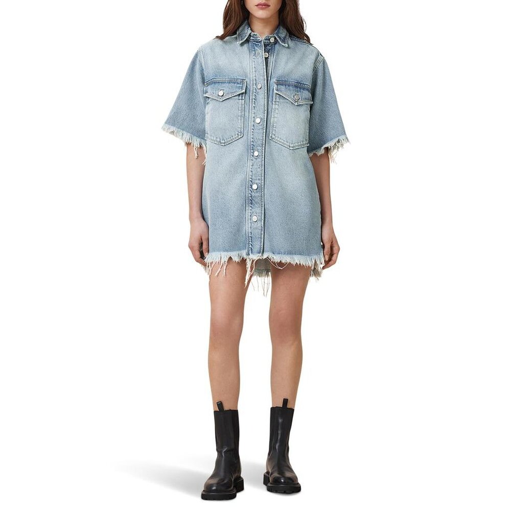 AllSaints Faye Frayed Short Sleeve Mini Denim Dress Jean Raw Edge Button Up - Picture 5 of 14